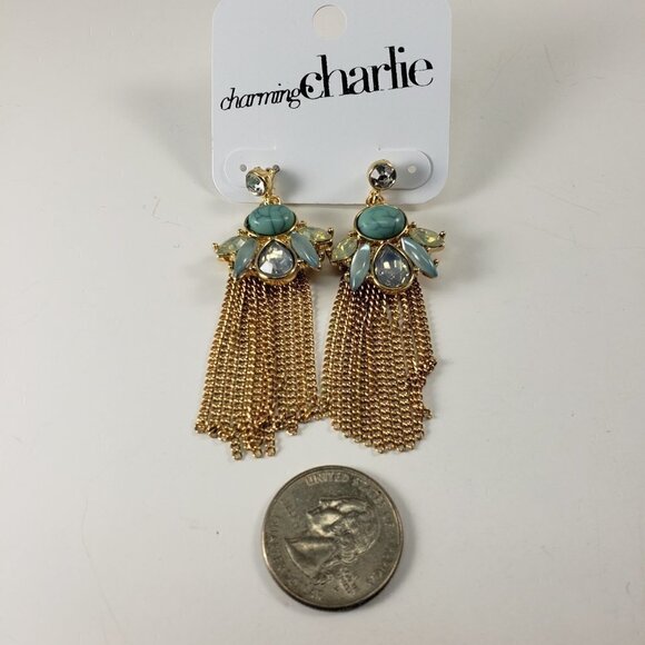 Turquoise & Citrine Crystal Chandelier Earrings – Gold Fringed Sparkling Gem - Picture 4 of 8